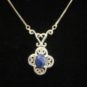 Silver & Lapis Filigree Necklace Marked 925 EUC